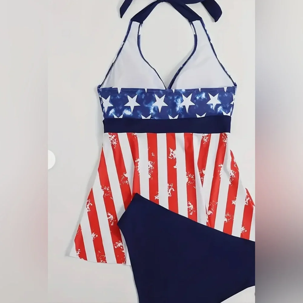 Plus Size American Flag Stars Stripes Swimdress Set - Picture 3 of 5